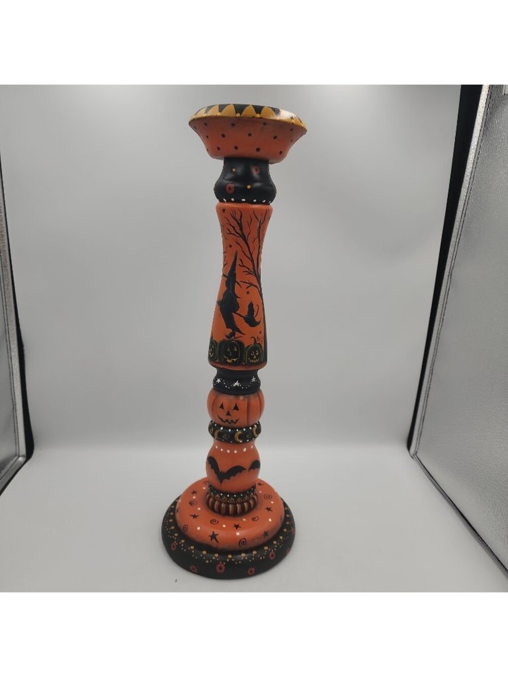 Hand painted wood candlestick Witch Halloween scene 18" tall Artist Signed